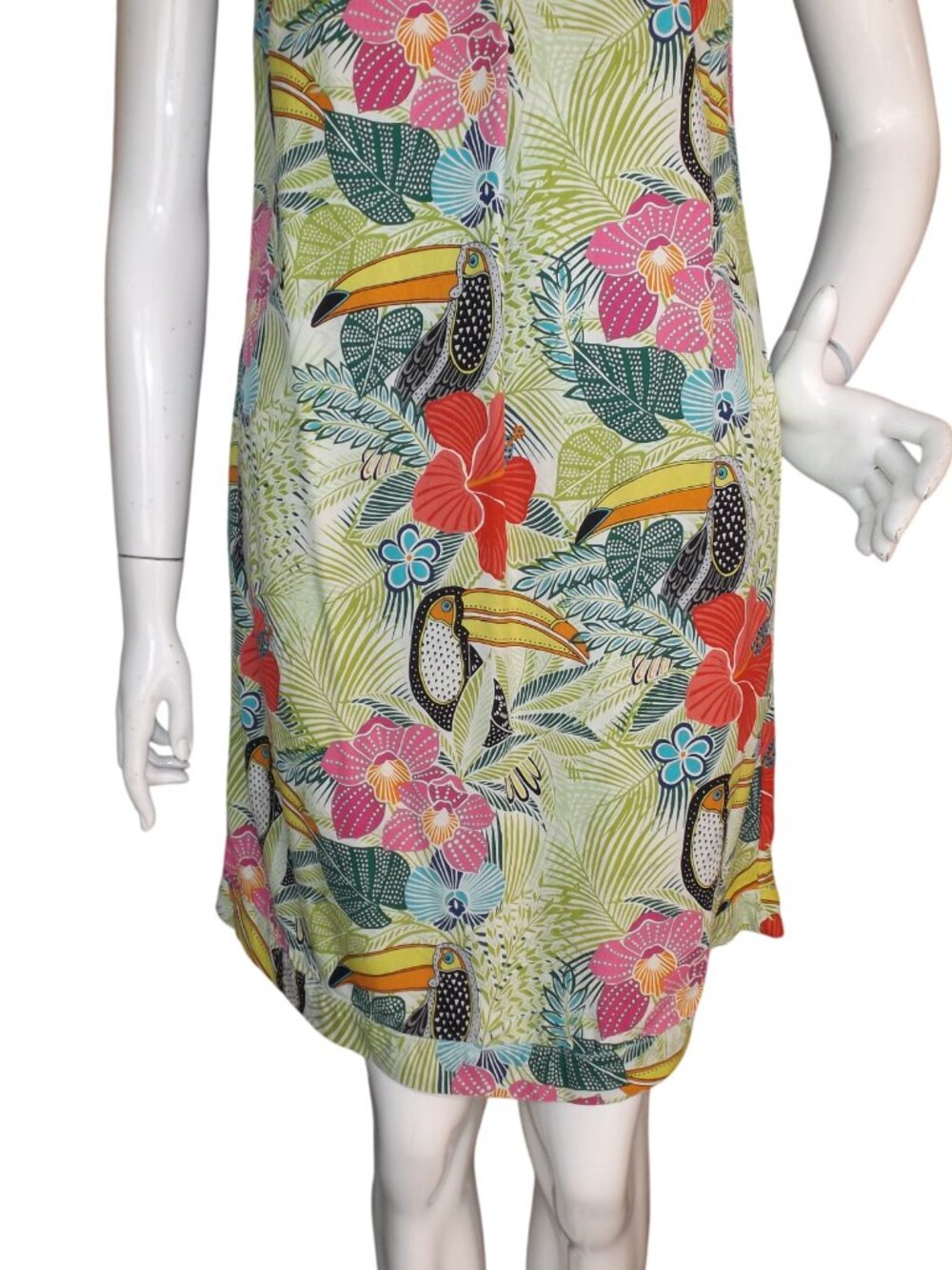 TOMMY BAHAMA Silk Dress, S, V-neck, Short, Pockets, Bold Color Toucan Floral - Picture 7 of 13
